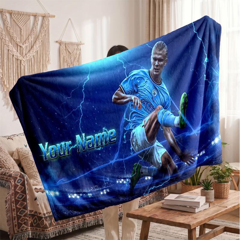Erling Haaland Personalized Fleece Blanket With Football Logo, Custom Name Text Soft Warm Home Throw Blanket