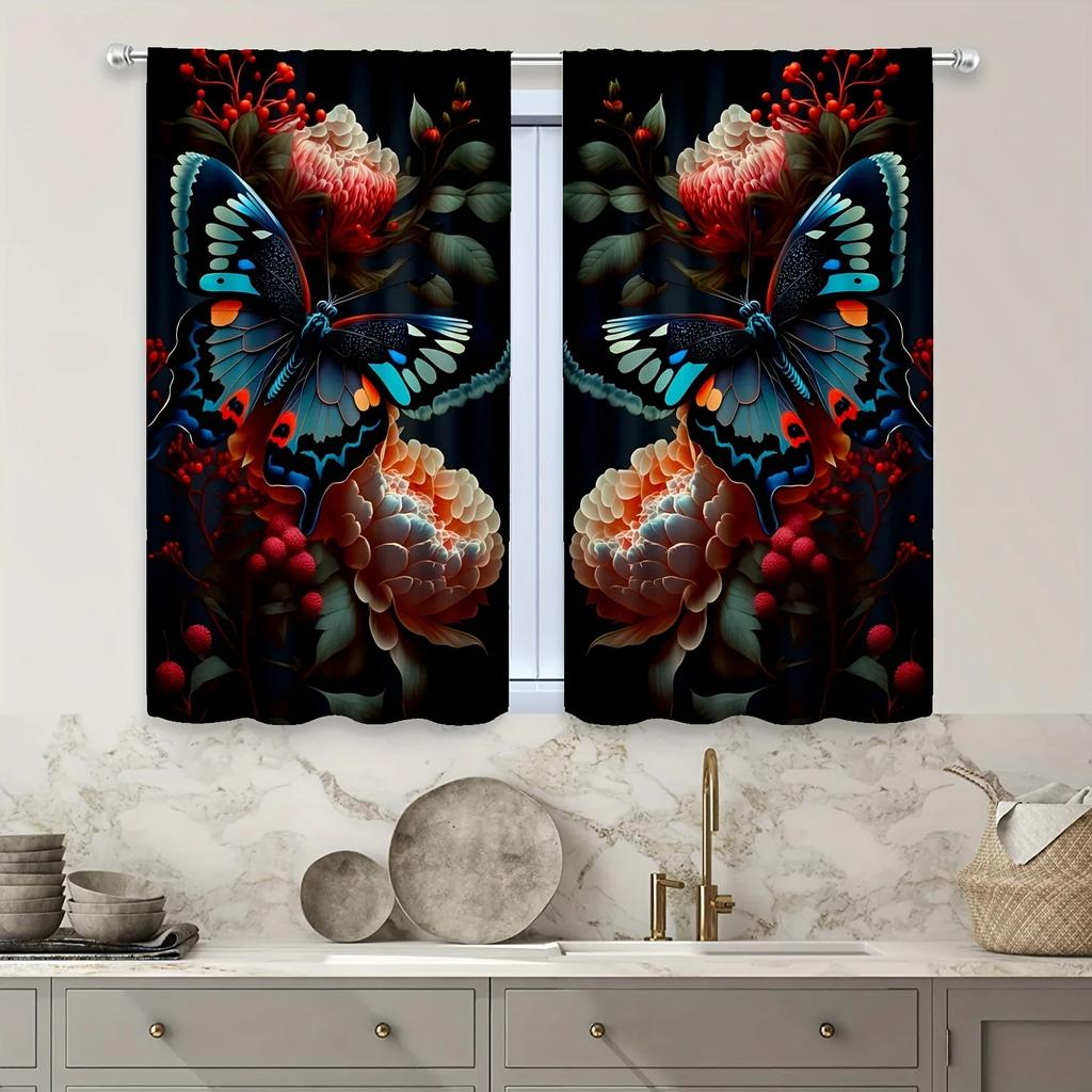 Fjärilar och Blommor Tryckta Gardiner Studierum Kök Vardagsrum Sovsal Stångficka Topp Fönsterdraperier Sovrumsinredning Ny
