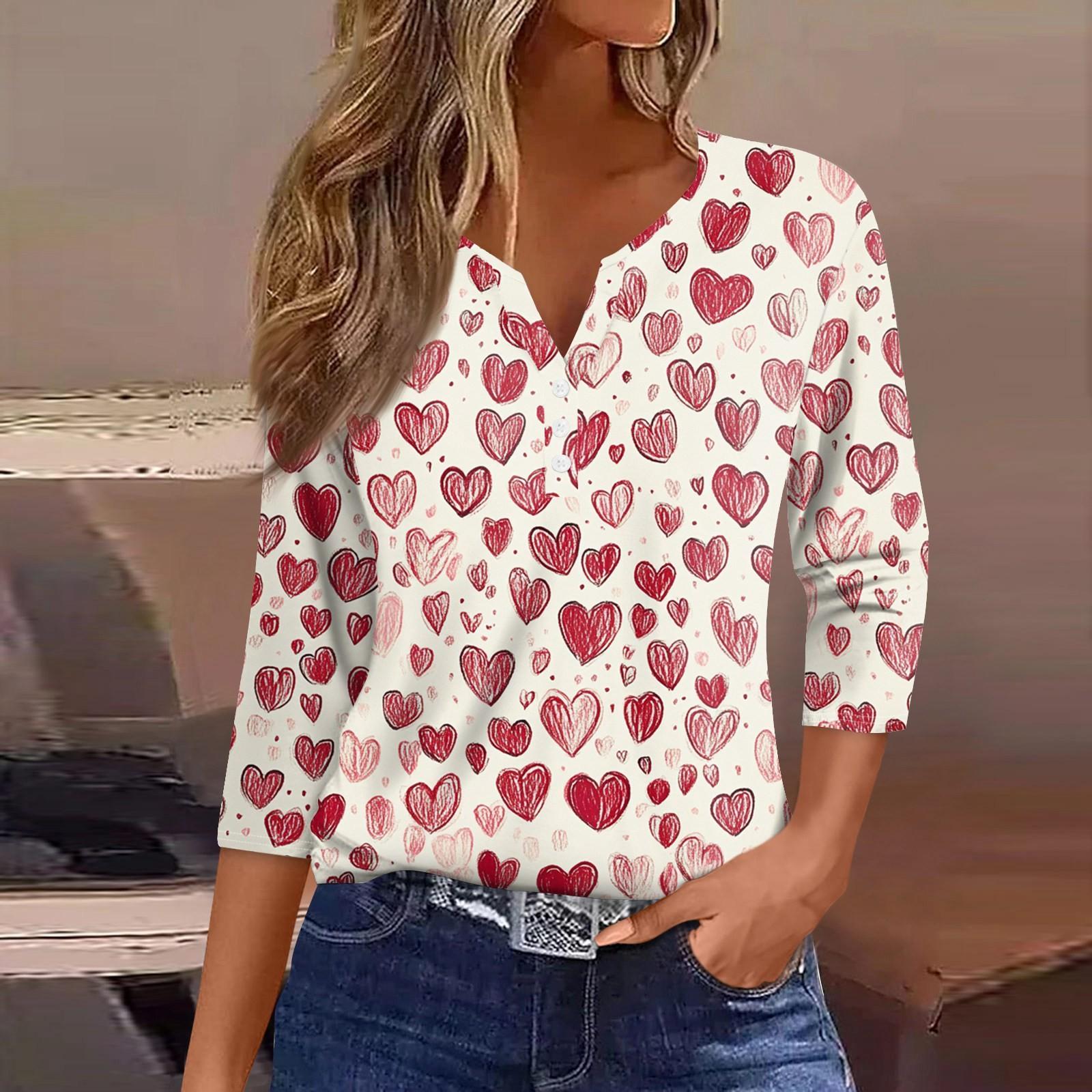 

Женская футболка с принтом ко Дню святого Валентина, на пуговицах, рукав 3/4, повседневная, модная, на выходных, базовая, с V-образным вырезом, обычная футболка S винный