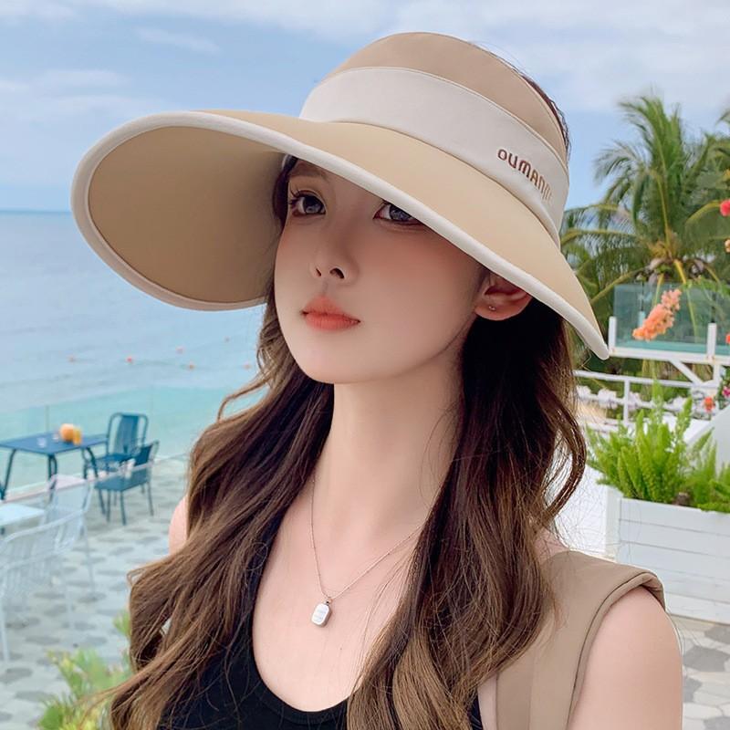 Women's Summer Open-Top Sun Hat, Ice Silk Cool Feeling, Wide Brim, UV Protection, Outdoor Beach Ponytail Hat