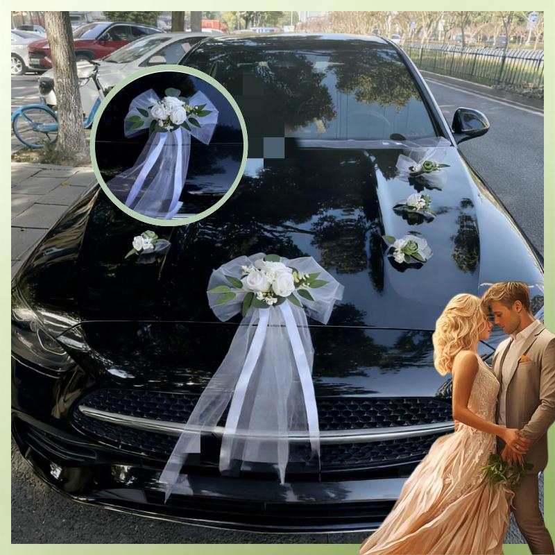 7-teiliges Set Hochzeitsauto Türgriff Spiegel Blumen-Set Band Schleifen Weiße Künstliche Rose Just Married Auto Dekor Zubehör