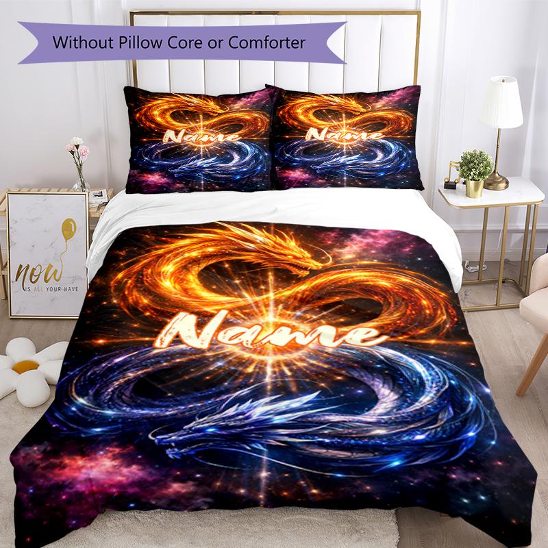 Ensemble de literie Dragon avec nom personnalisé 3 pièces Housse de couette Fermeture Comprend 1 housse de couette et 2 taies d'oreiller, Doux et confortable pour toutes les saisons.
