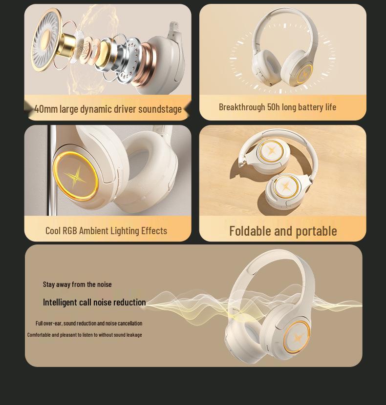 New 2025 Over-Ear Wireless Bluetooth Gaming Headset with Noise Cancelling, Card Slot, Luminous Design, and Extended Battery Life.