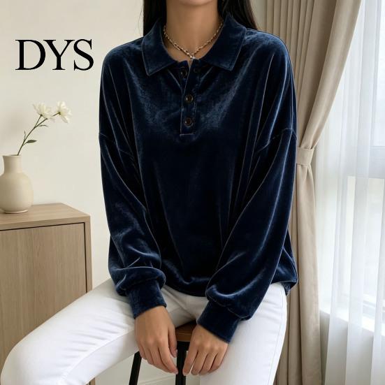 Lady Pullover Shirt Women Velvet Shirt, 3-Button Collared Casual Blouse, Solid Color Loose Long Sleeve Top for Daily Wear Work