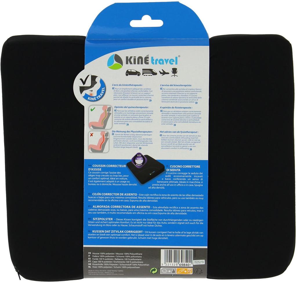 Coussin correcteur assise auto en mousse 38,5 x 32 x 7/4,5 cm - KINE TRAVEL - développés et testés avec un kiné