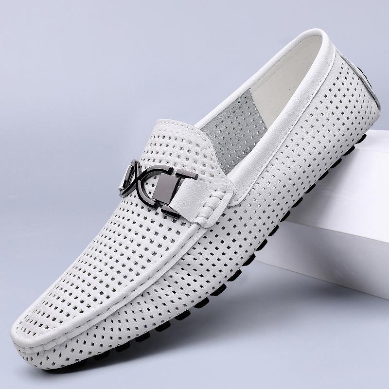 Fashion 2025 Spring Summer Men's Dress Shoes White Loafers Leather Casual Shoes Slip on Moccasin Shoes Fashion Hollow Out Design Shoes