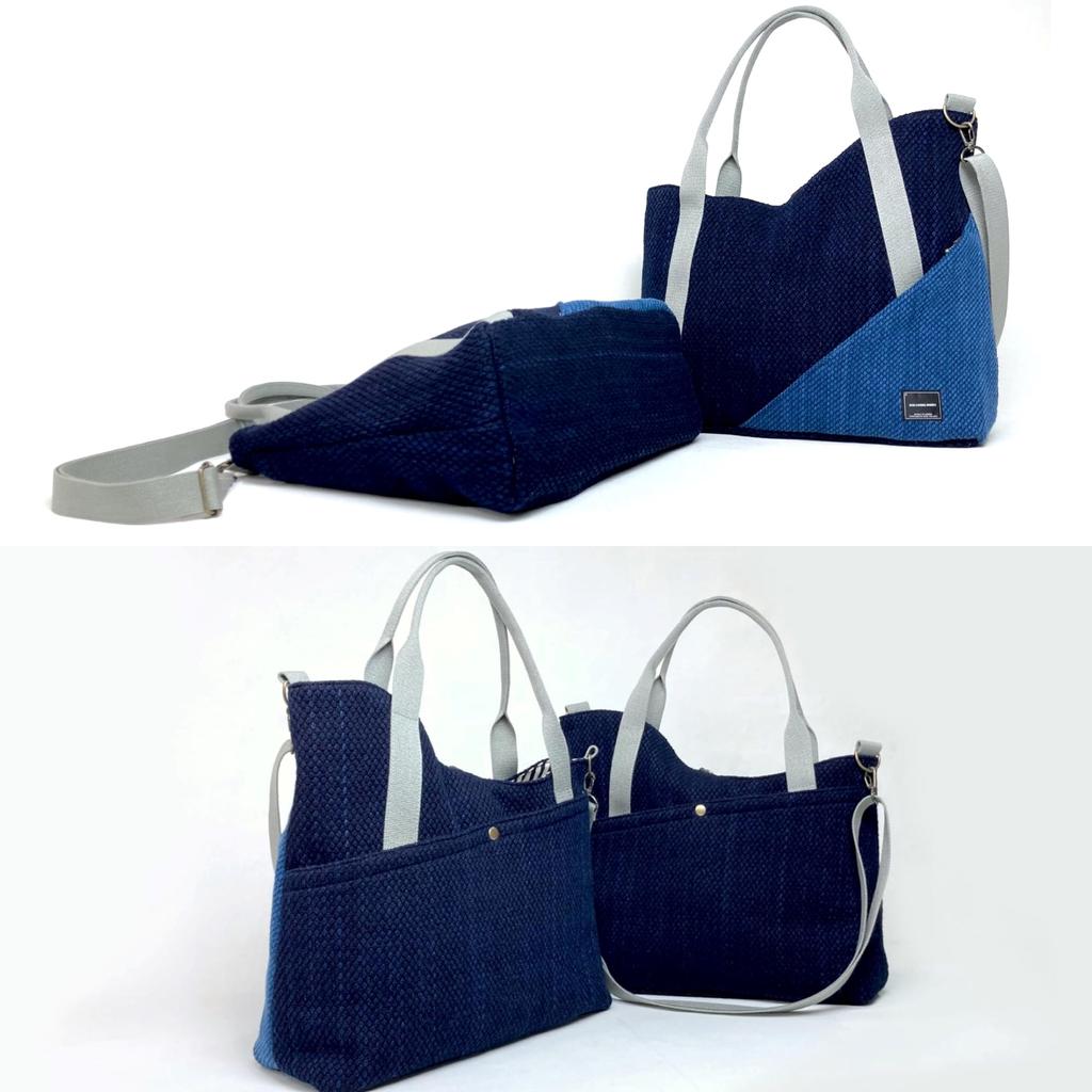 EnLiving Works Round Tote Made in for Men and Made with Kendo Kimono Sashiko Fabric and Bushu Authentic Indigo Shoulder Bag 2-Way Bag, Japan, Women,