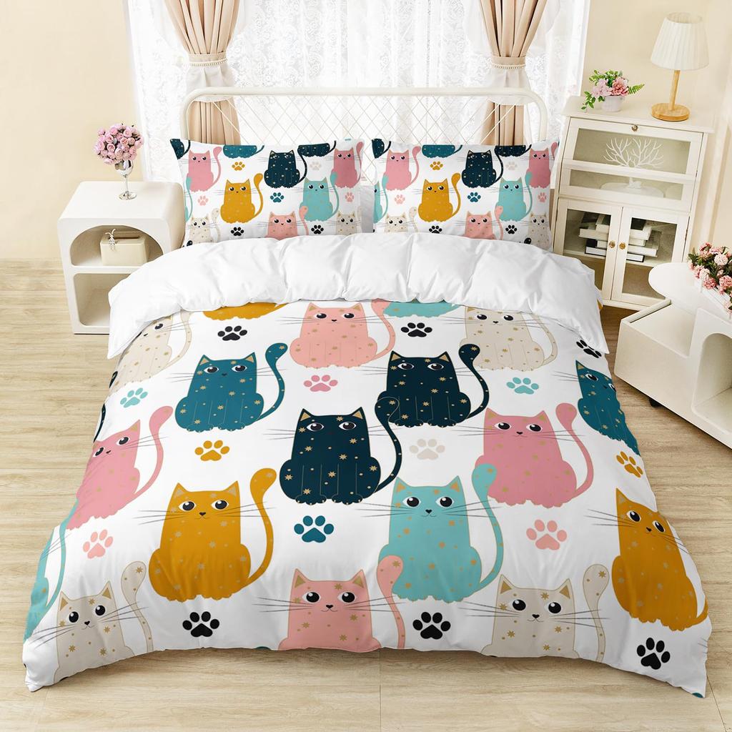 Cartoon Cat Duvet Cover Set Full Size Cute Cat Bedding Sets For Kids Girls Blue Watercolor Cat Comforter Covers Set All Season