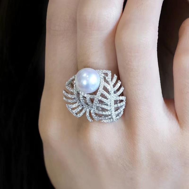Elegant French Retro Pearl Ring: Adjustable, Micro-Set Diamonds, Versatile High-End Design for Women Adjustable Open Size