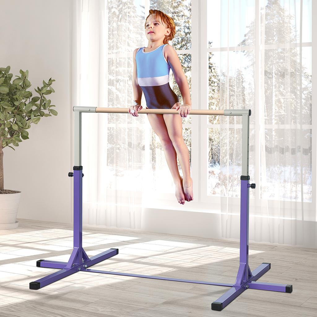 Height Adjustable Gymnastics Horizontal Bar for Kids, Children Junior Kip High Bar Fitness, Purple