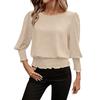 Women’s Fashion Solid Waist Cinched Puff Sleeve Casual Stretch Blouse Crew Neck T Shirt Top for Spring and Autumn
