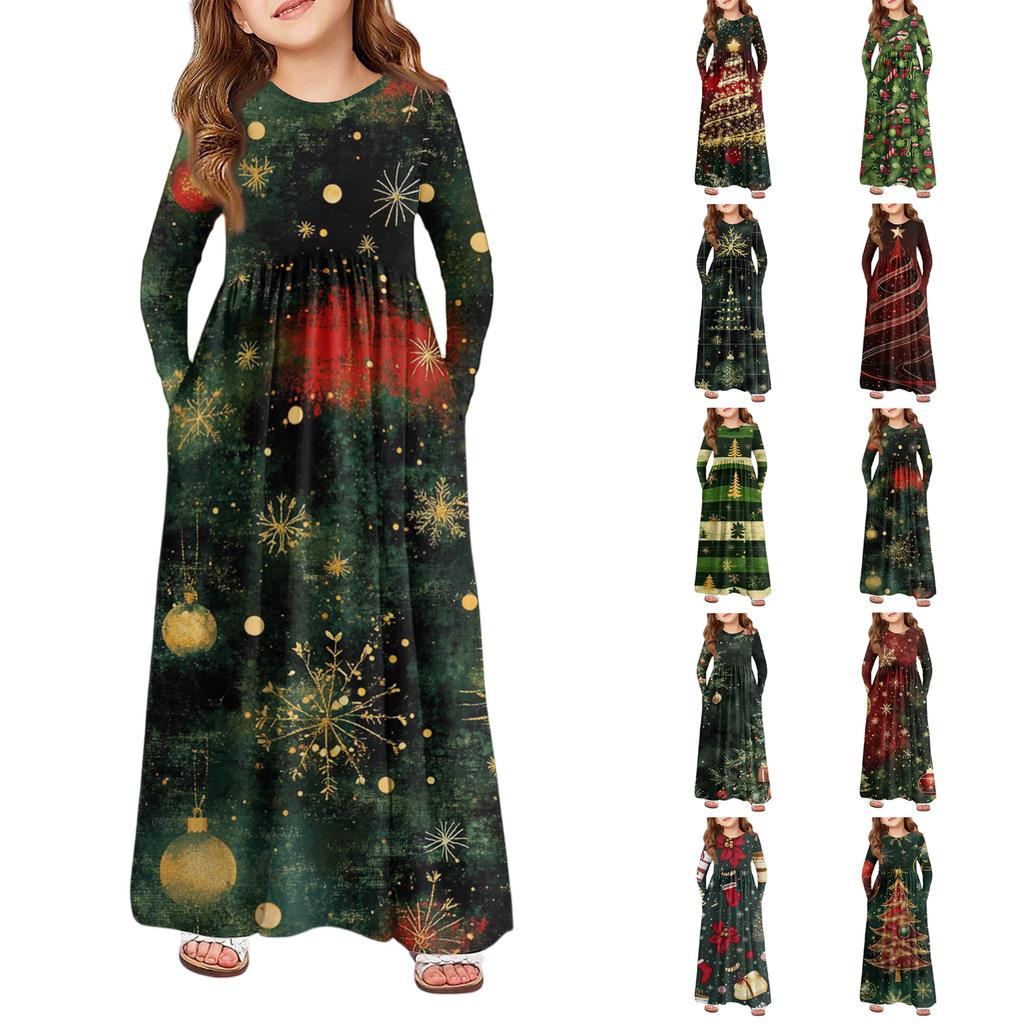 Girls' Maxi Dress - Long Sleeve Pocket Dress Christmas Day