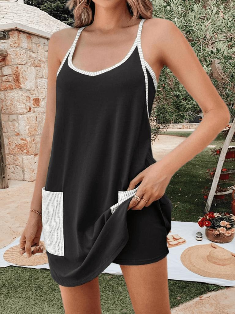 Damski Mini Romper Sukienka Sportowa Tenisowa z Wbudowanymi Szortami i Kieszeniami