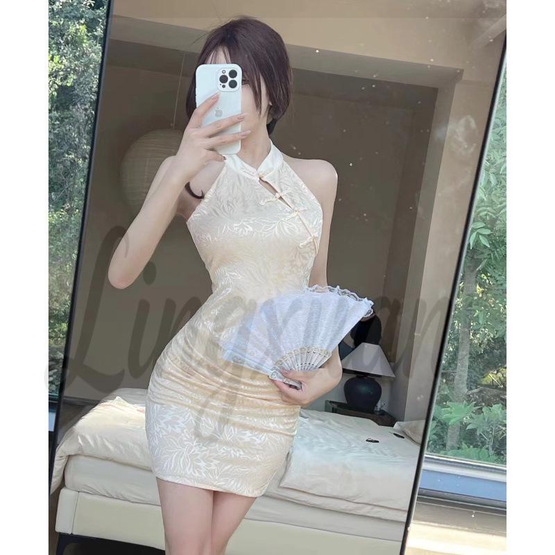 Sleek Desire: Chinese Style Halter Neck Bodycon Mini Skirt Dress Small