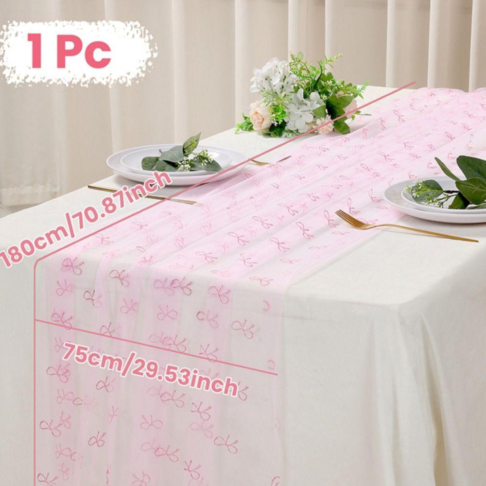 Cute Pink Bow Theme Table Runner Tulle Elegant Table Flag Cover Soft Sheer Tablecloth Birthday Decoration