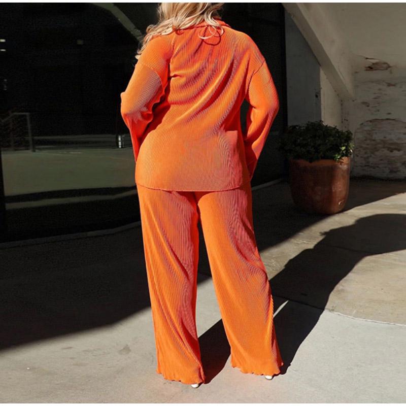 European and American Autumn Pleated Cardigan and Wide Leg Pants Set for Women