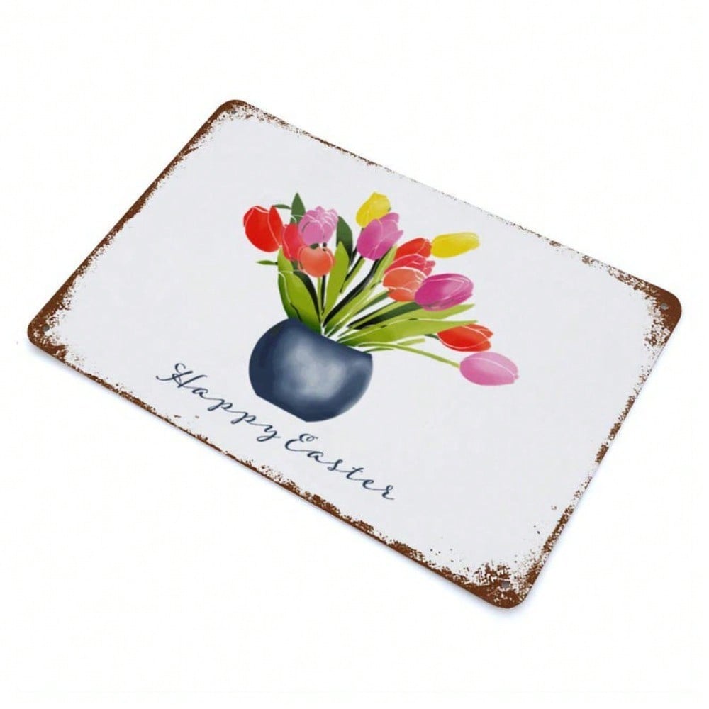 Vintage Tin Sign Rusted Metal Wall Decor Easter Spring Tulips Garden Home Hanging Art