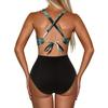 Random Print Criss Cross One Piece Swimsuit, Cut Out Tie Back Color Block High Cut Bathing Suit, Women's Swimwear & Clothing