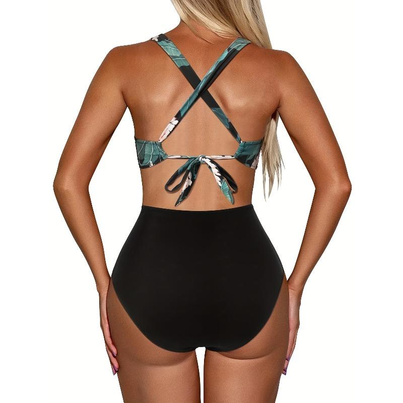 Random Print Criss Cross One Piece Swimsuit, Cut Out Tie Back Color Block High Cut Bathing Suit, Women's Swimwear & Clothing