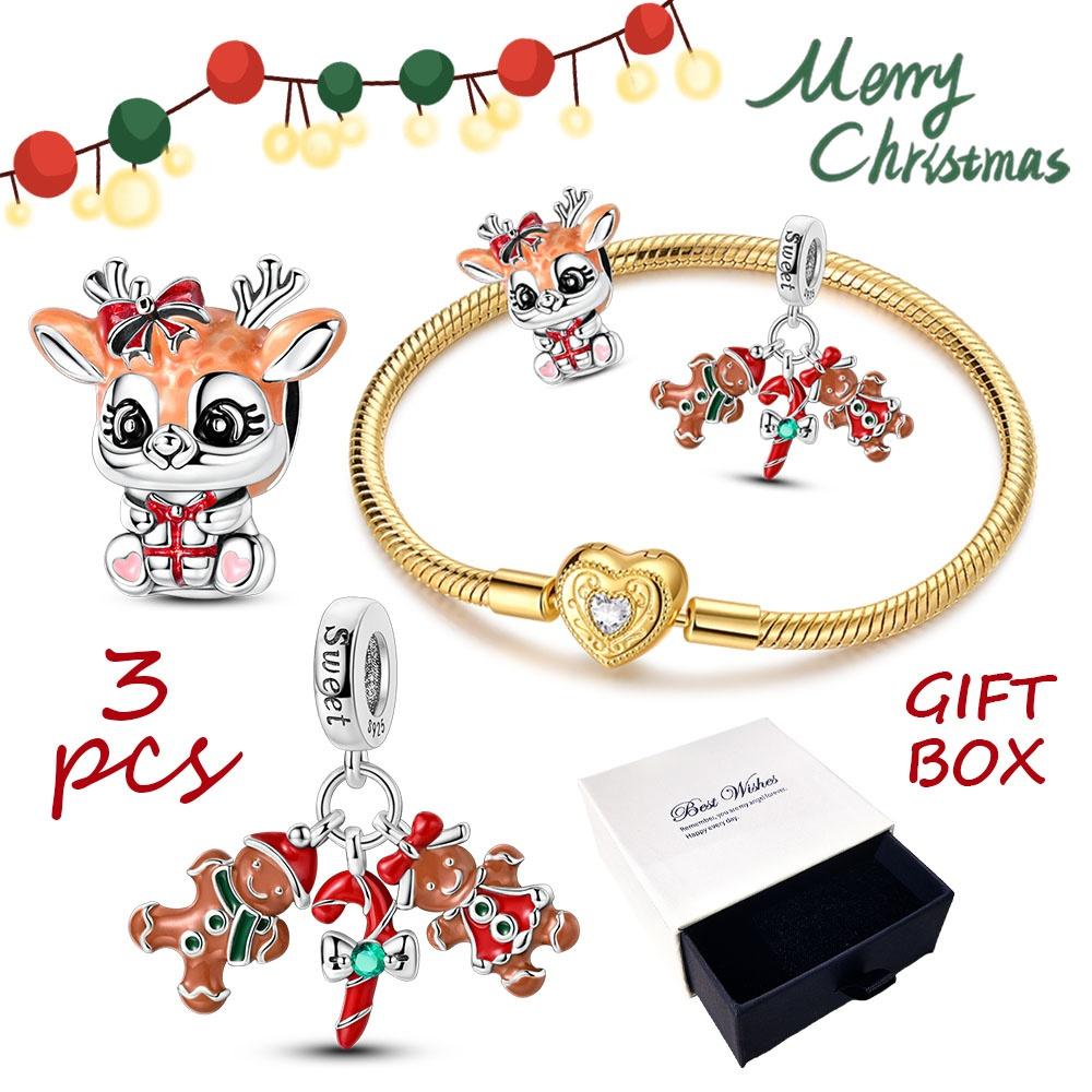 

3pcslot copper Authentic Christmas Cute Deer Gingerbread Man Charm Set Hand of Fashion Golden Bracelets With Box Jewellery Gift 18 білий