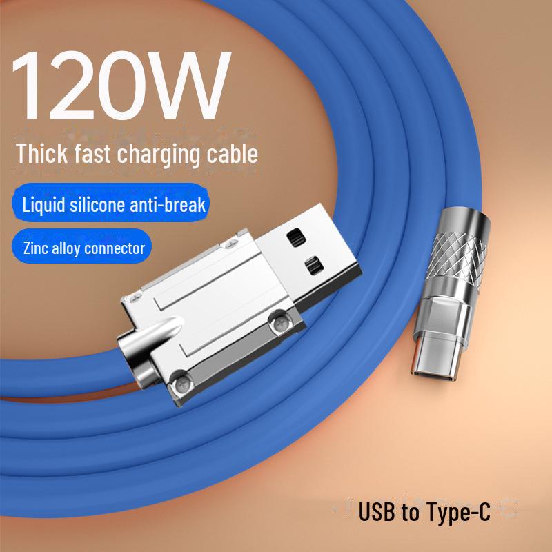 

Сверхбыстрый зарядный кабель 120 Вт 6 А с разъемами из цинкового сплава и силиконовым покрытием, со светодиодной подсветкой 1 meter, [Type-C oval port] USB синий