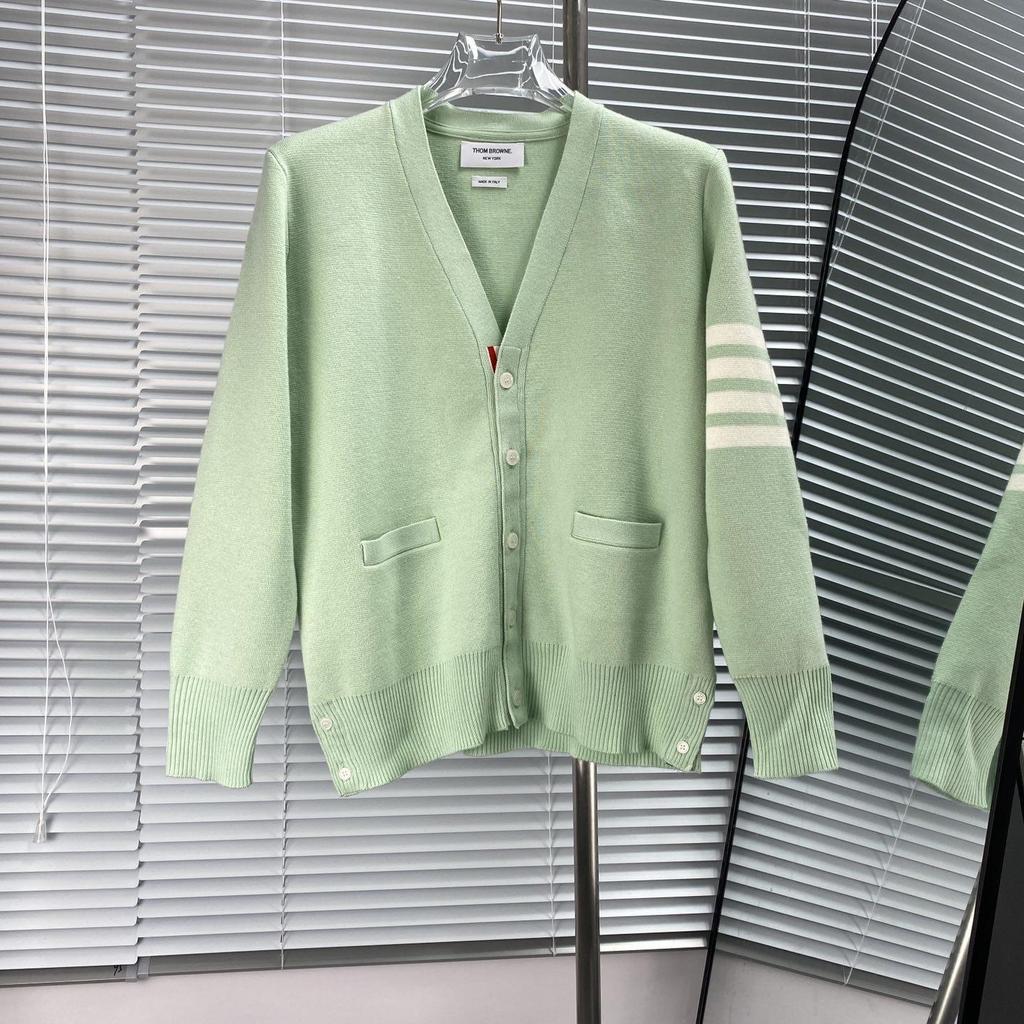 High Version Macaron V-neck Wool Cardigan with Four-Bar Sleeve for Unisex