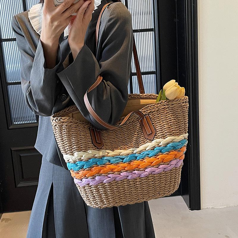 One Shoulder Straw Woven Bag New Rainbow Striped Straw Woven Bag Vacation Beach Bag Versatile Women's Bag