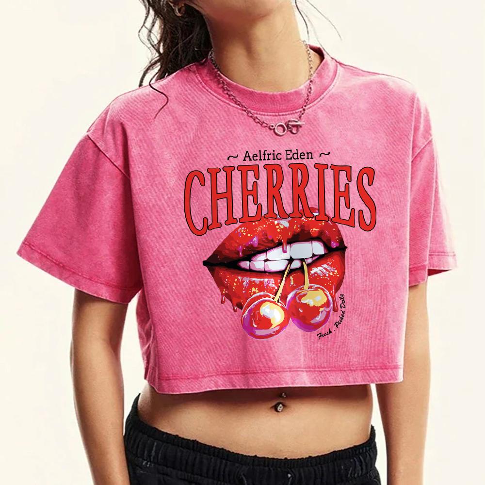Cherries On The Lips Printing Female Washed Slim Tee Shirt Retro Casual Crop Top Cotton Clothes Fashion Streetwear