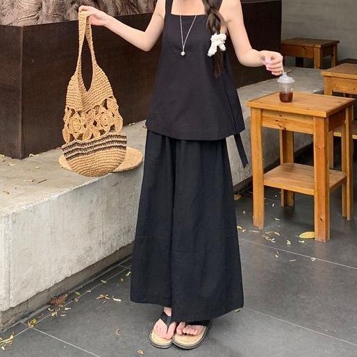 Korean Spice Girl Style Design Sense Black Suspender Vest Women s Summer High Waist Skinny Straight Wide Leg Pants Two-piece Set S