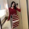 2025 Autumn/Winter Korean Retro Hyuna Two-Piece: V-Neck Sweater + Striped Skirt Dress