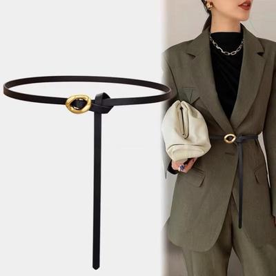 Gold Bronze Metal Buckle PU Leather Knotted Belt Long Thin Adjustable Waist Belts Women Female Dress Coat Suit Decoration Straps