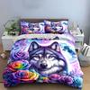Wolf with Rainbow Roses & Moon Bedding Duvet Cover Set  (1*Duvet Cover 2*Pillowcases, Without Duvet Insert)