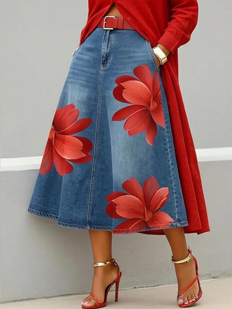 2026 European & American Fashion Faux Denim Floral Women's Half Skirt
