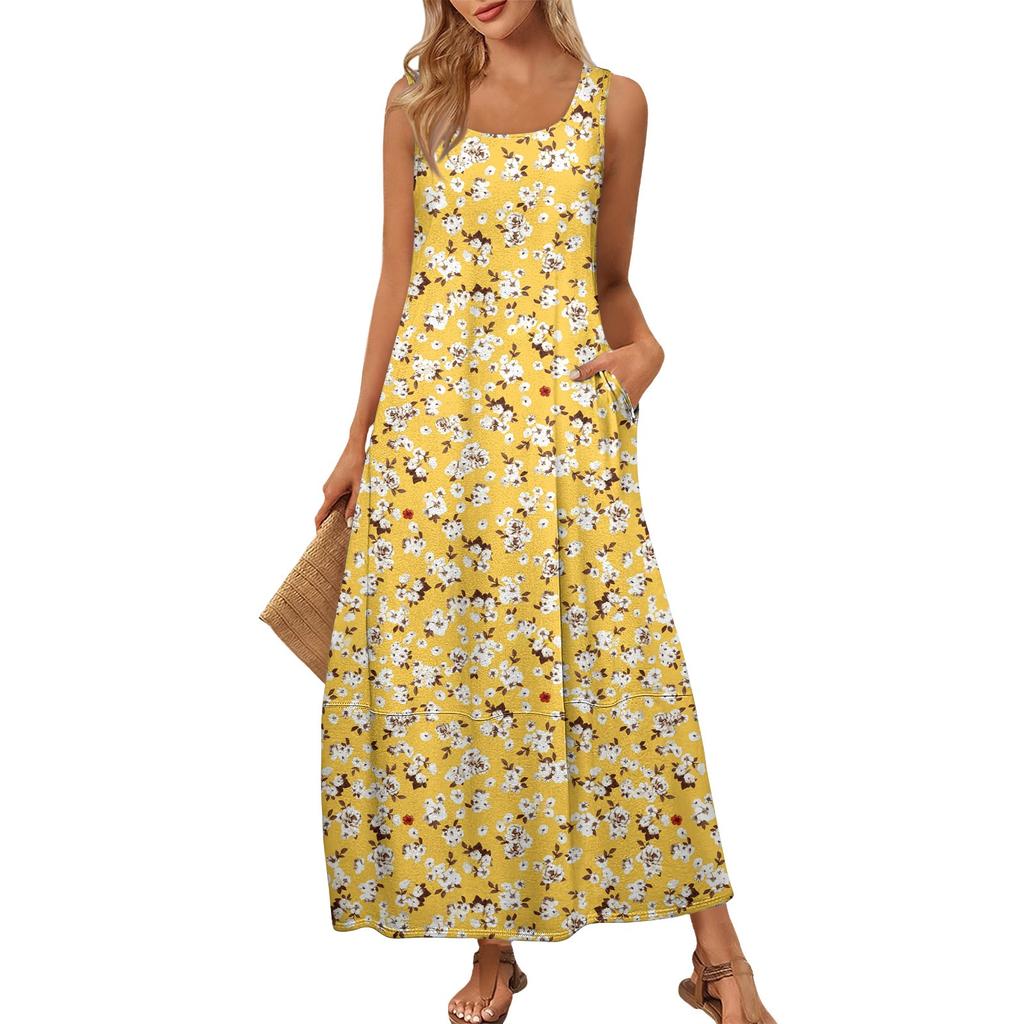 Women's Summer Fashion Round Neck Sleeveless Beach Dress Vintage Floral Printed Dresses