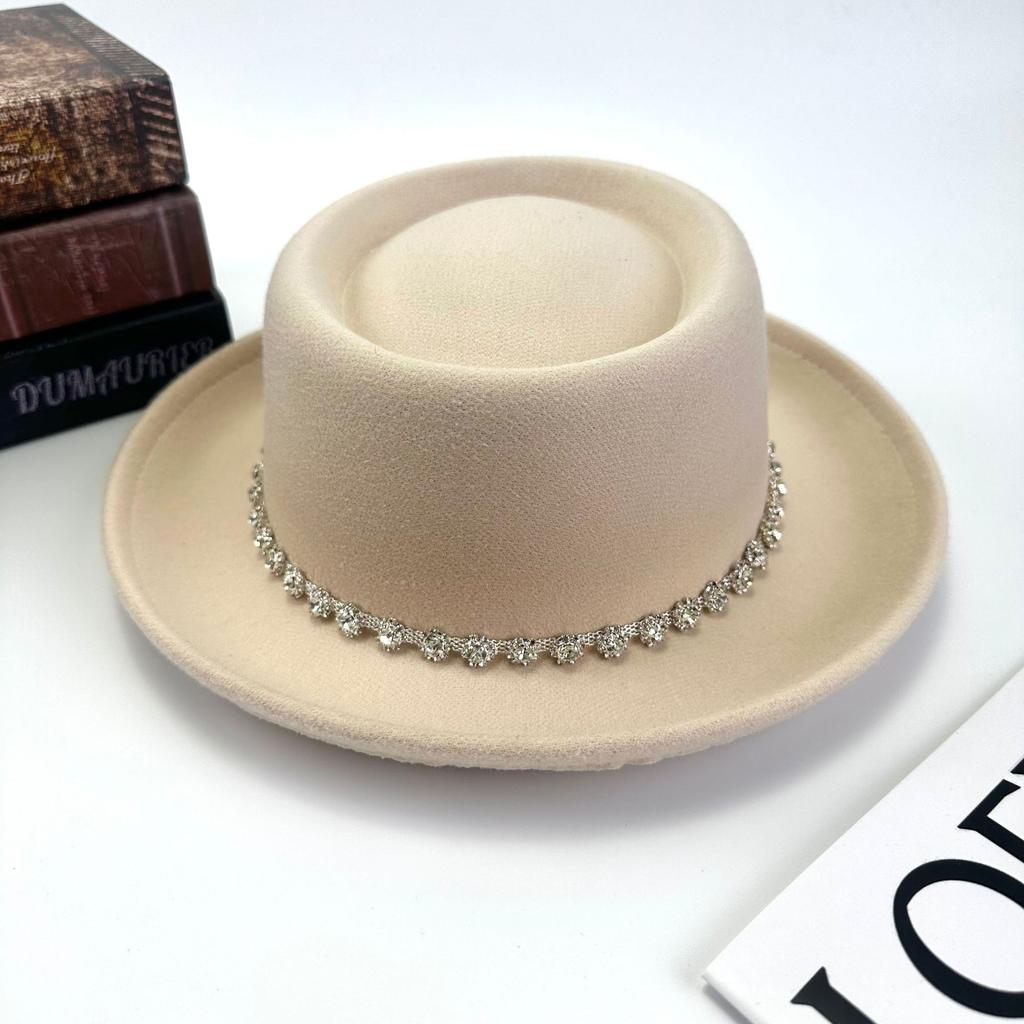 New Four Seasons Top Hat Diamond Felt Hat Curled Flat Top Fashion Versatile Sunscreen Women'S Hat