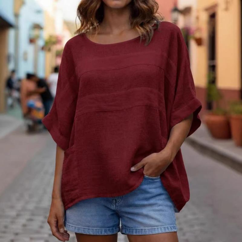 Blusa da Donna Manica a Pipistrello Misto Lino Scollo Rotondo Tasche Casual Larga Tunica Top
