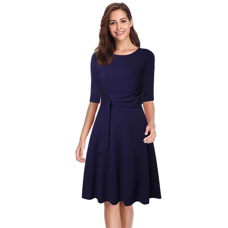 Autumn 2022 Round Neck Tie-Waist Mid-Sleeve Dress with Large Swing Skirt