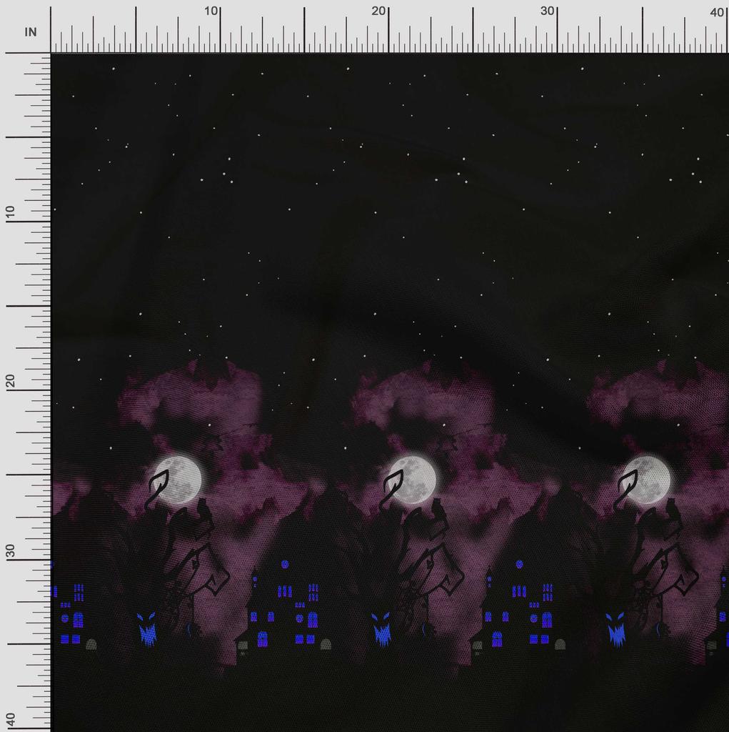 Soimoi Japan Crepe Satin Fabric Tree|Moon & Haunted House Panel Printed Craft Fabric by the Metre 42 Inch