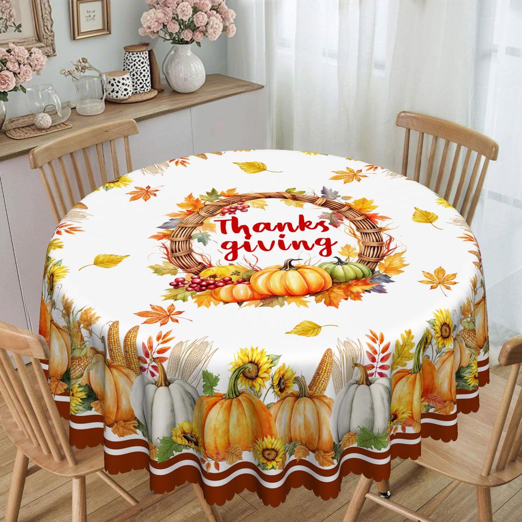 Thanksgiving Table Set Pumpkin Sunflower Tablecloth - Durable Polyester Rectangular Tablecloth With Leaves.
