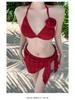 Thailand Holiday Beach Rose Bikini Set: Wine Red Triangle Cup, Three-Piece Split Swimsuit for Women.