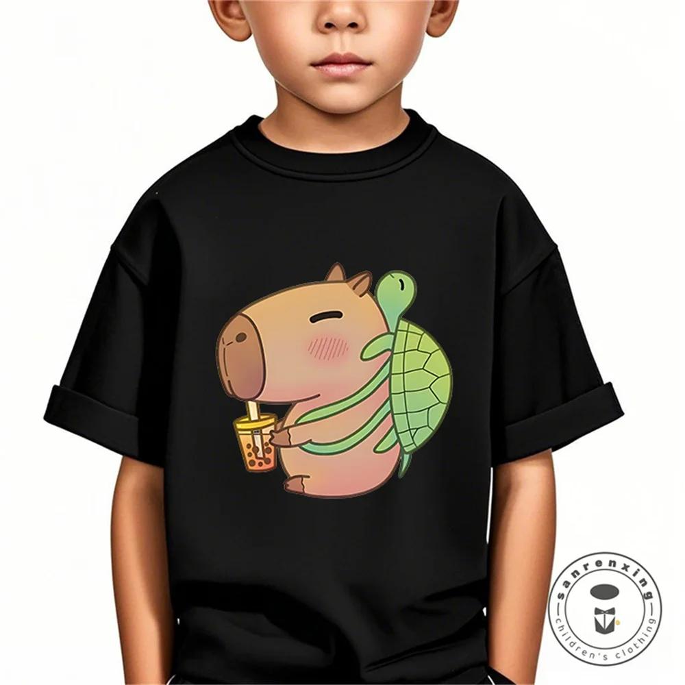 Vară Nouă Tendință Imprimeu Capibara Drăguț Tricou cu Mânecă Scurtă pentru Copii Drăguț Confortabil Versatil Tricou pentru Băiat și Fată