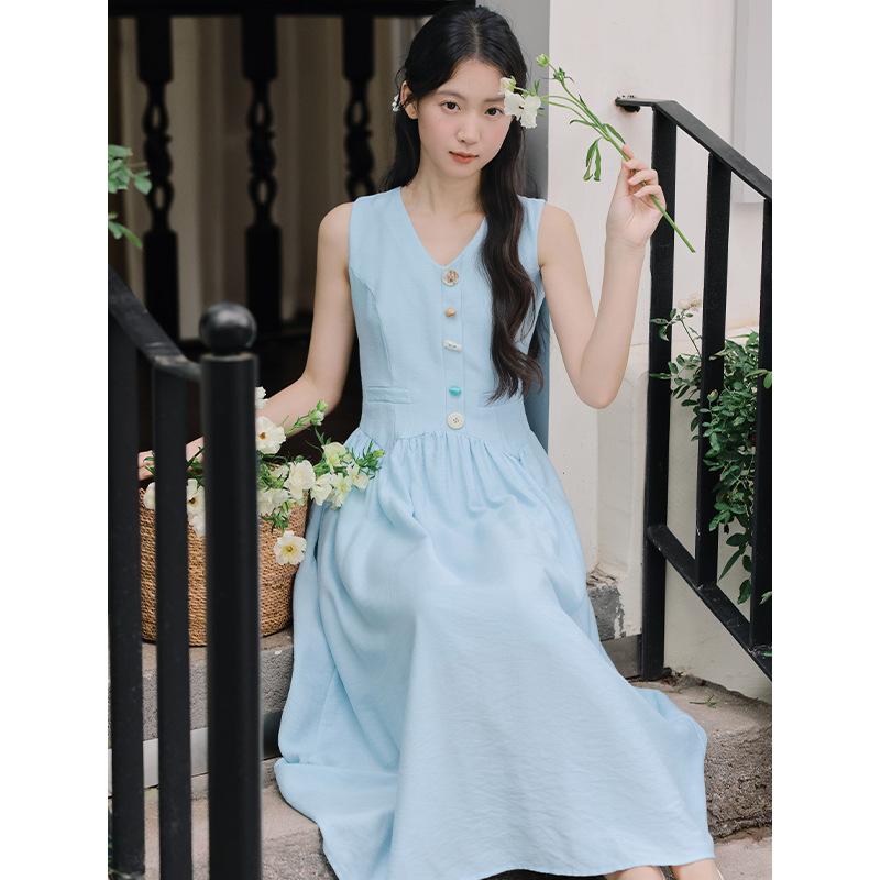 Summer Sweet Xiaoqing Vacation Style Solid Color Waist Vest Skirt Women's Sleeveless Dress