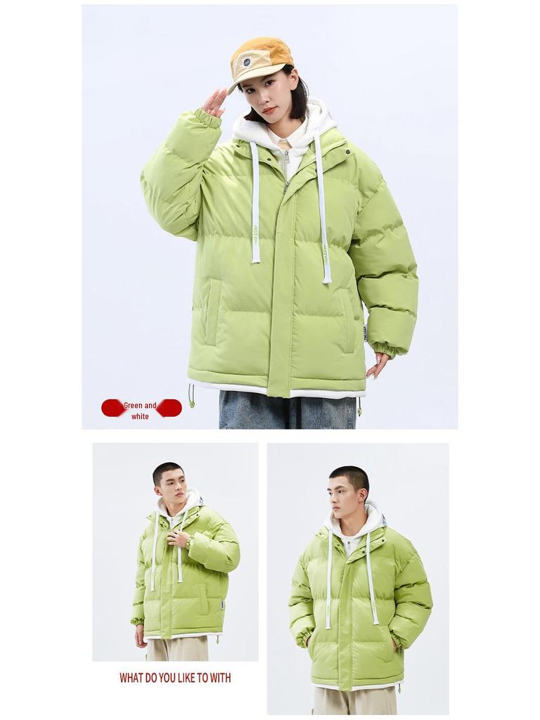 2025 Winter Faux Two-Piece Hooded Cotton Jacket - Unisex Warm, Trendy, Casual Bread Coat