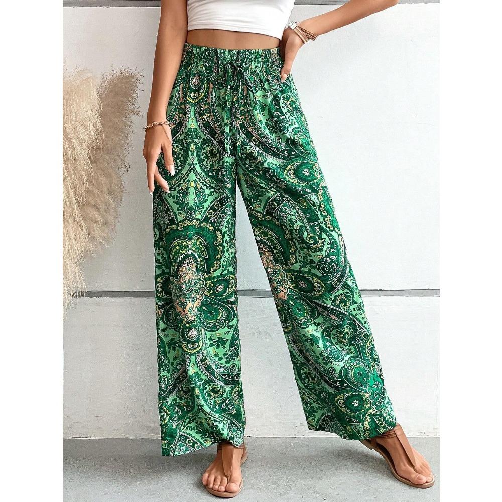 European and American Women's Clothing Summer New Fashionable Versatile Printed Elastic Waist Wide-leg Pants
