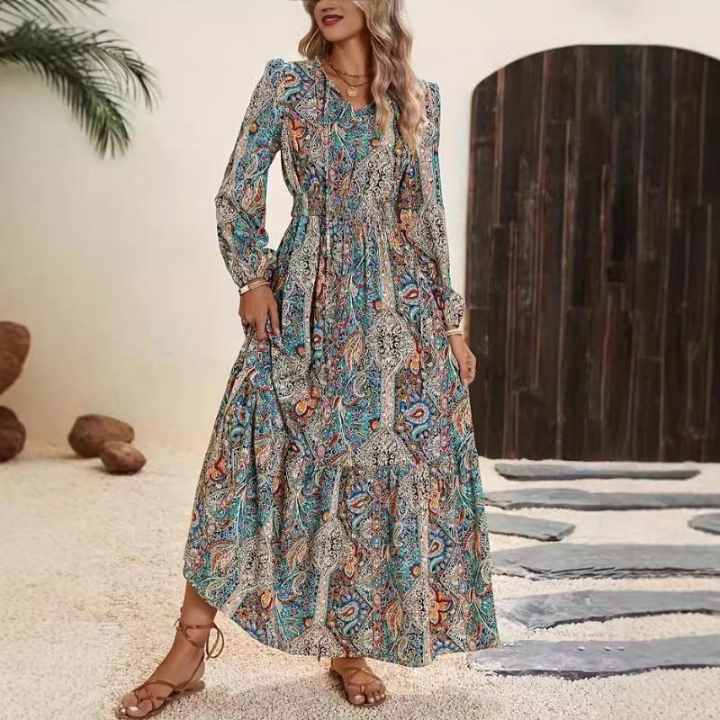 Fall Floral Dress Women's Printed V-neck Dress