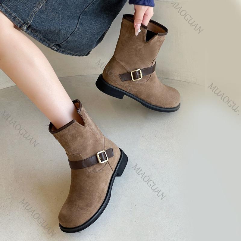 Fashion Retro Frosted Boots for Women Autumn Fashion Round Head Slip on Low Heeled Short Botas Suede Temperament Elegant Women's Shoes