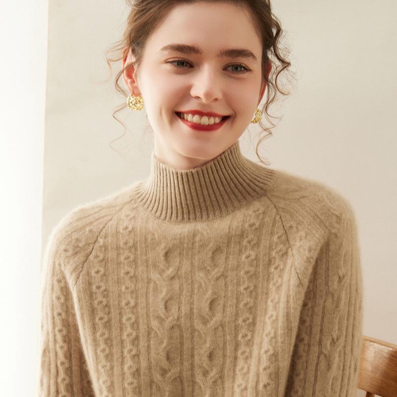 Women's Cashmere Cable Knit Sweater, Half-High Neck, Thick, Slimming, Loose Fit, Warm Base Layer for Autumn and Winter.