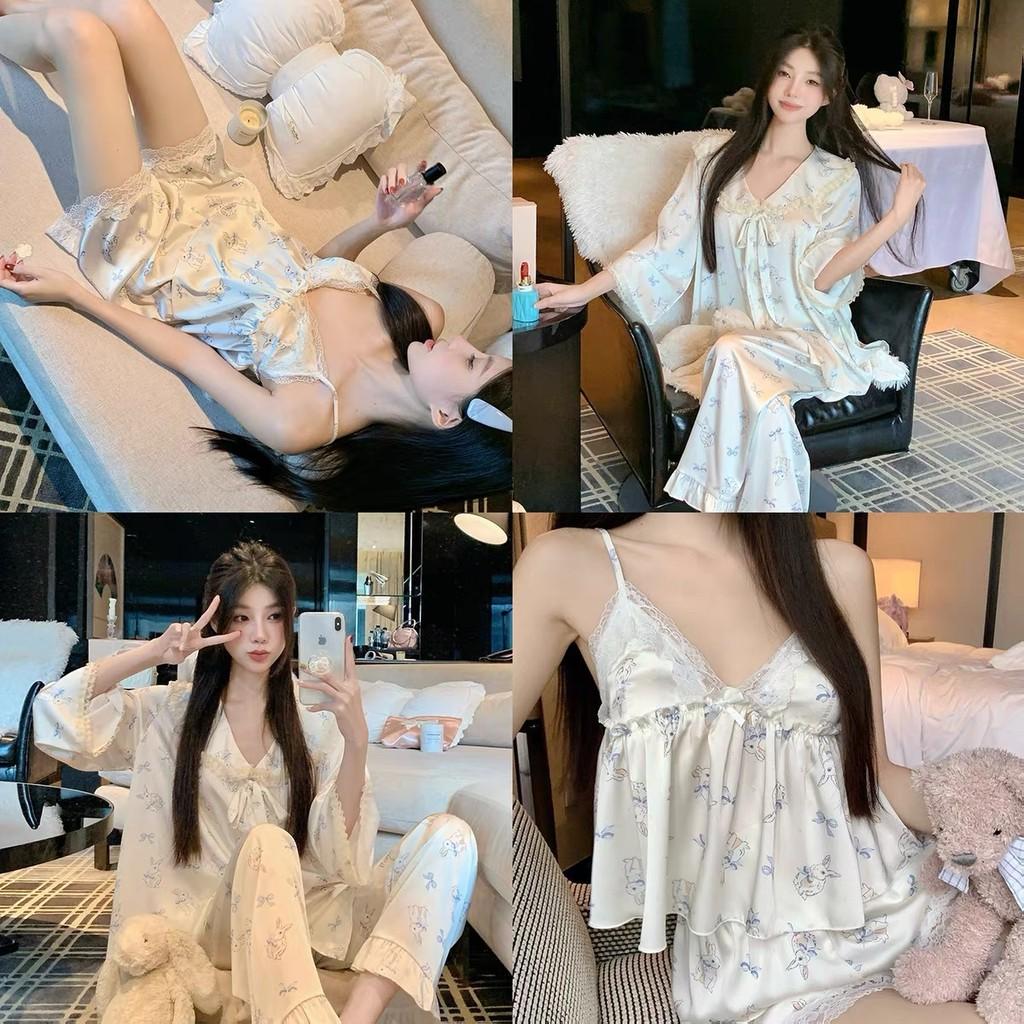 Ice Snow Silk Bunny Collar Pajamas Set With Lace Trim For Girls Home Wear