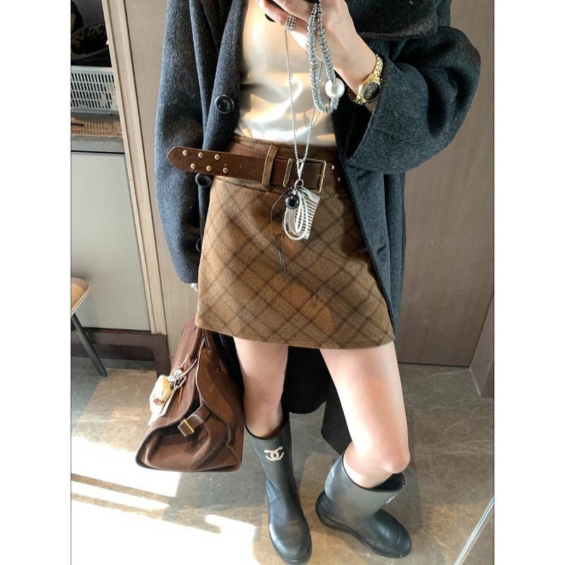 Mochie Korean Style High-Waist Plaid A-line Wool Skirt with Belt - MQ1022 Extra Large жёлтый