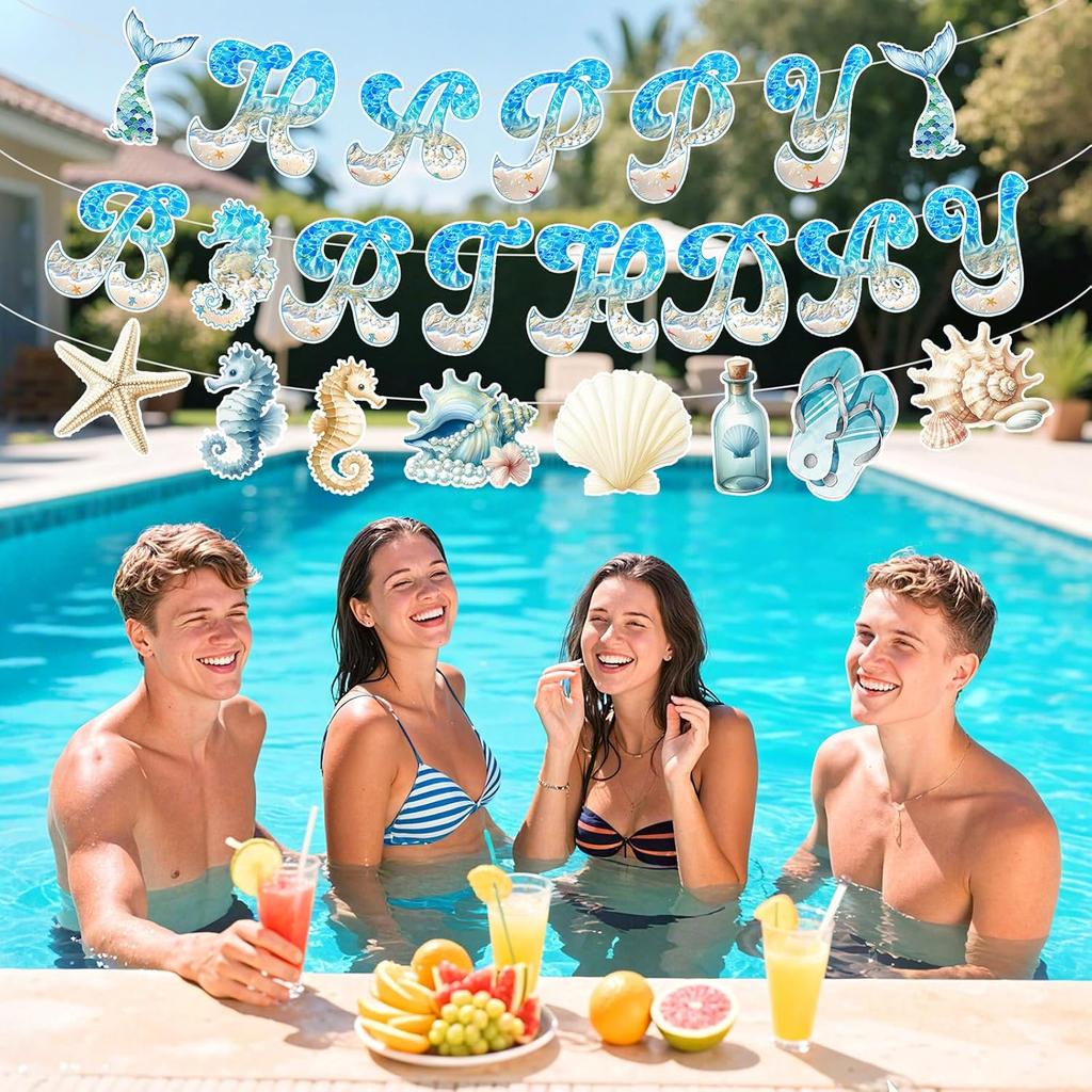 Ocean Beach Birthday Party Decorations Summer Beach Birthday Banner with 13pcs Nautical Seashell Seahorse Hanging Swirls for Coastal Beach Pool Party